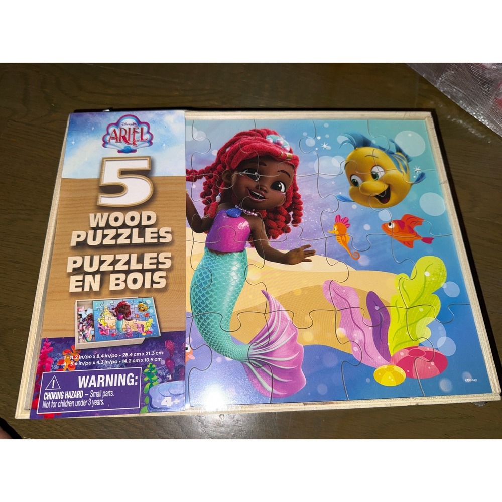 Disney Junior Ariel 5 Wood Puzzles Set in Storage Tray Spin Master NEW